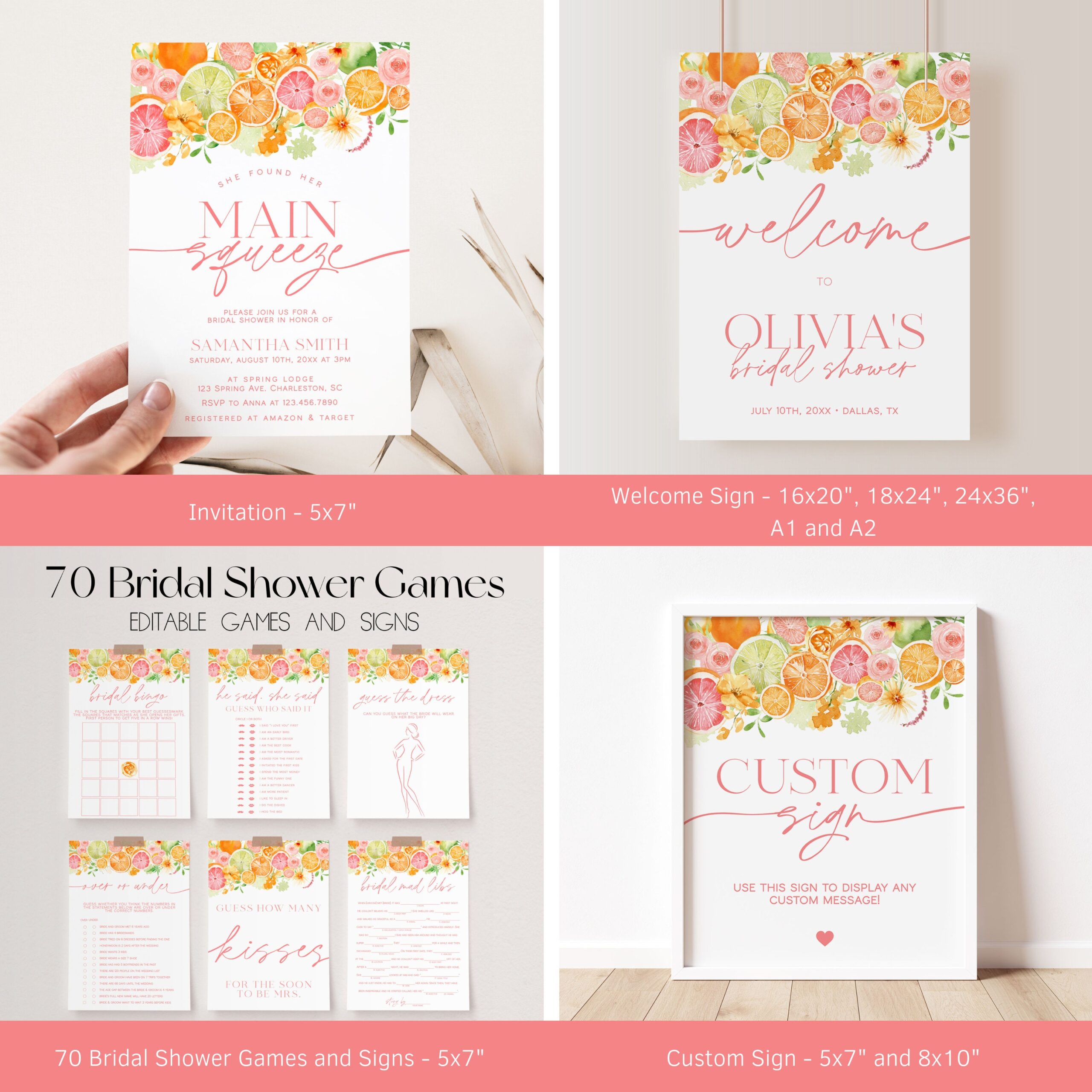 Citrus Bridal Shower Invitation Bundle, Main Squeeze Bridal Shower Invitation and Games Bundle, Floral Lemon Bridal Shower Games | LOLA