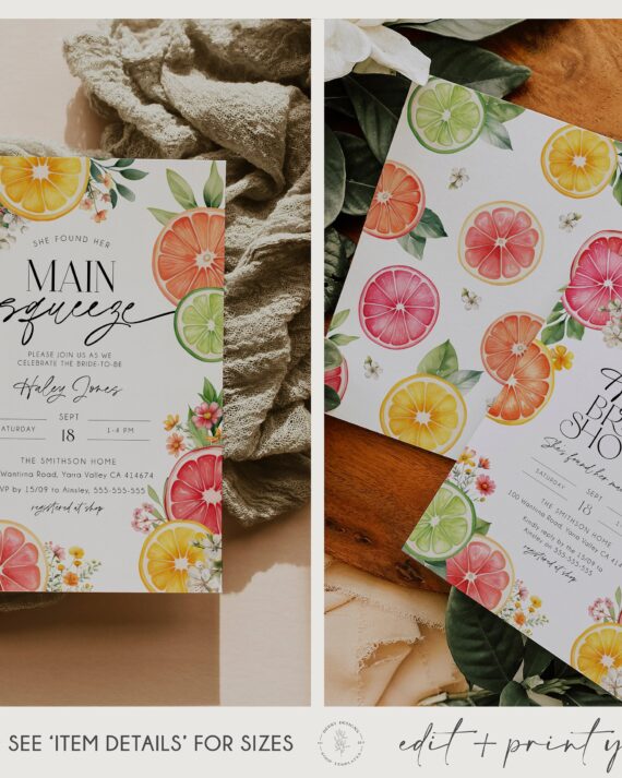 Citrus Bridal Shower Invitation Bundle, Main Squeeze Bridal Shower Invitation Suite, Citrus Floral Shower Invite, Printable Invite, BD204