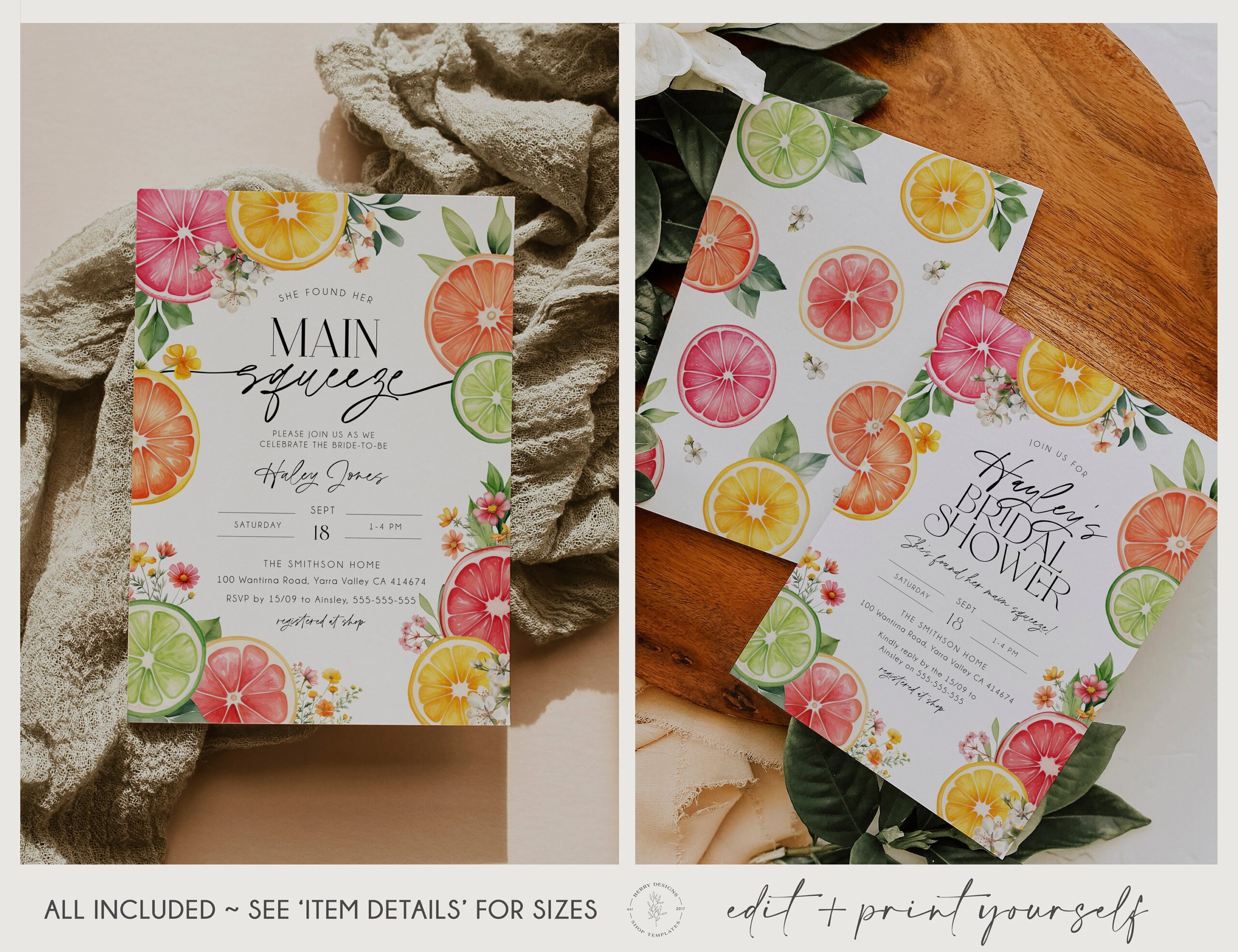 Citrus Bridal Shower Invitation Bundle, Main Squeeze Bridal Shower Invitation Suite, Citrus Floral Shower Invite, Printable Invite, BD204