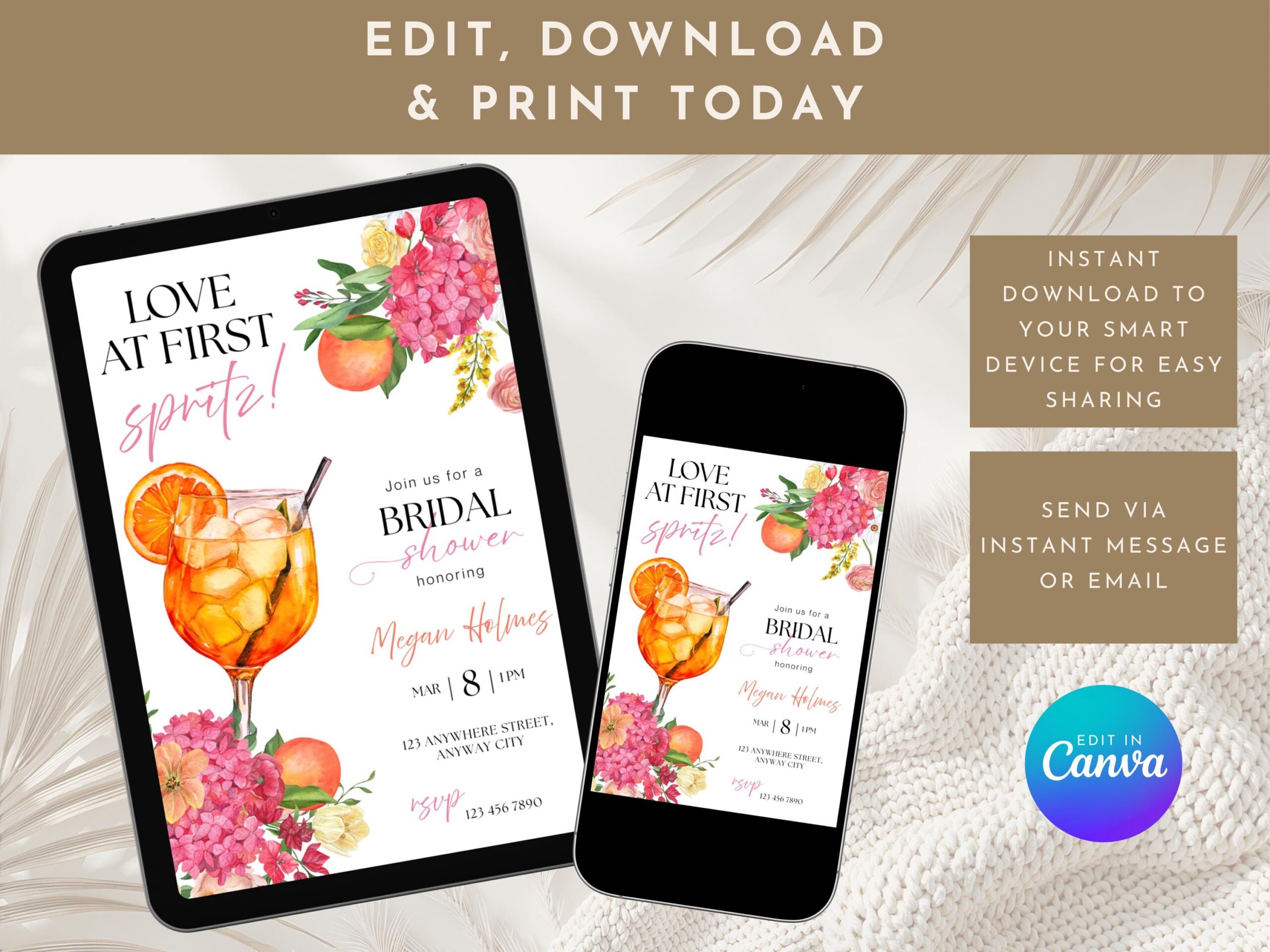 Love at First Spritz Bridal Shower Invite | Aperol Spritz Bridal Shower Invite | Citrus Bridal Brunch | Orange Bridal Shower Bright Florals