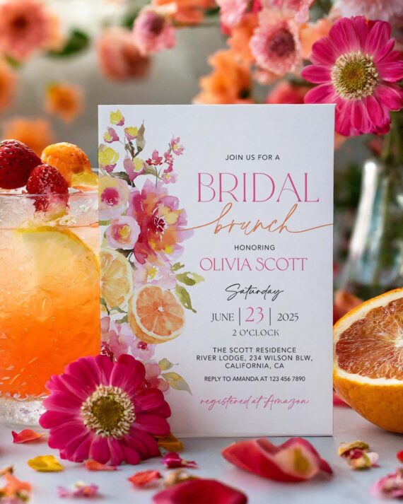 Citrus Bridal Brunch Invitation, Pink Floral Lemon Theme Editable Canva Template CB1