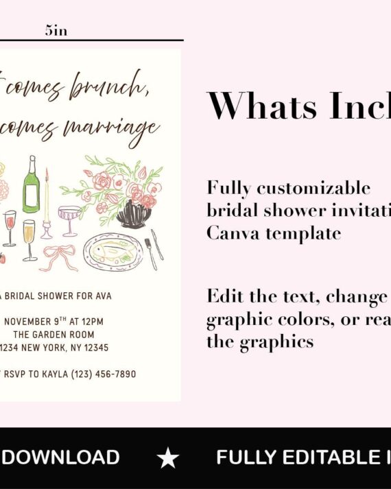 Brunch Bridal Shower Invitation Template, Floral Canva Editable (5x7 inches)