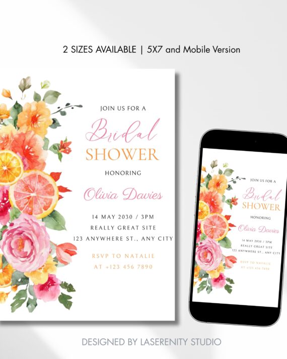 Editable Citrus Floral Bridal Shower Invitation | Orange Bridal Brunch | Instant Download