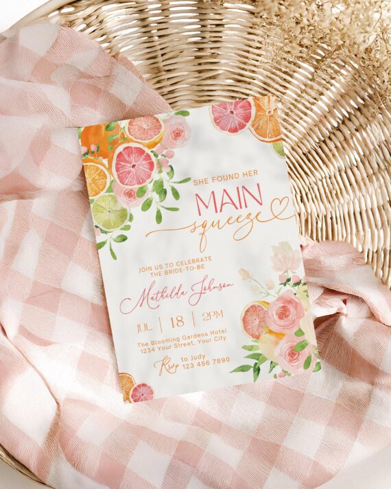 She Found Her Main Squeeze Invitation, Citrus Bridal Shower Invite Template, Bridal Brunch