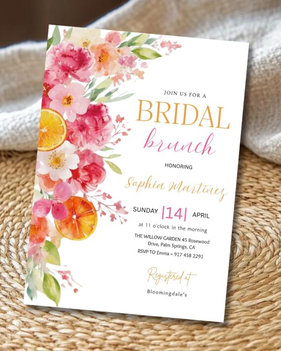 Citrus Bridal Brunch Invitation Template, Orange Bridal Shower Invite, Mediterranean Bridal Shower, Pink Orange Floral Bridal Brunch
