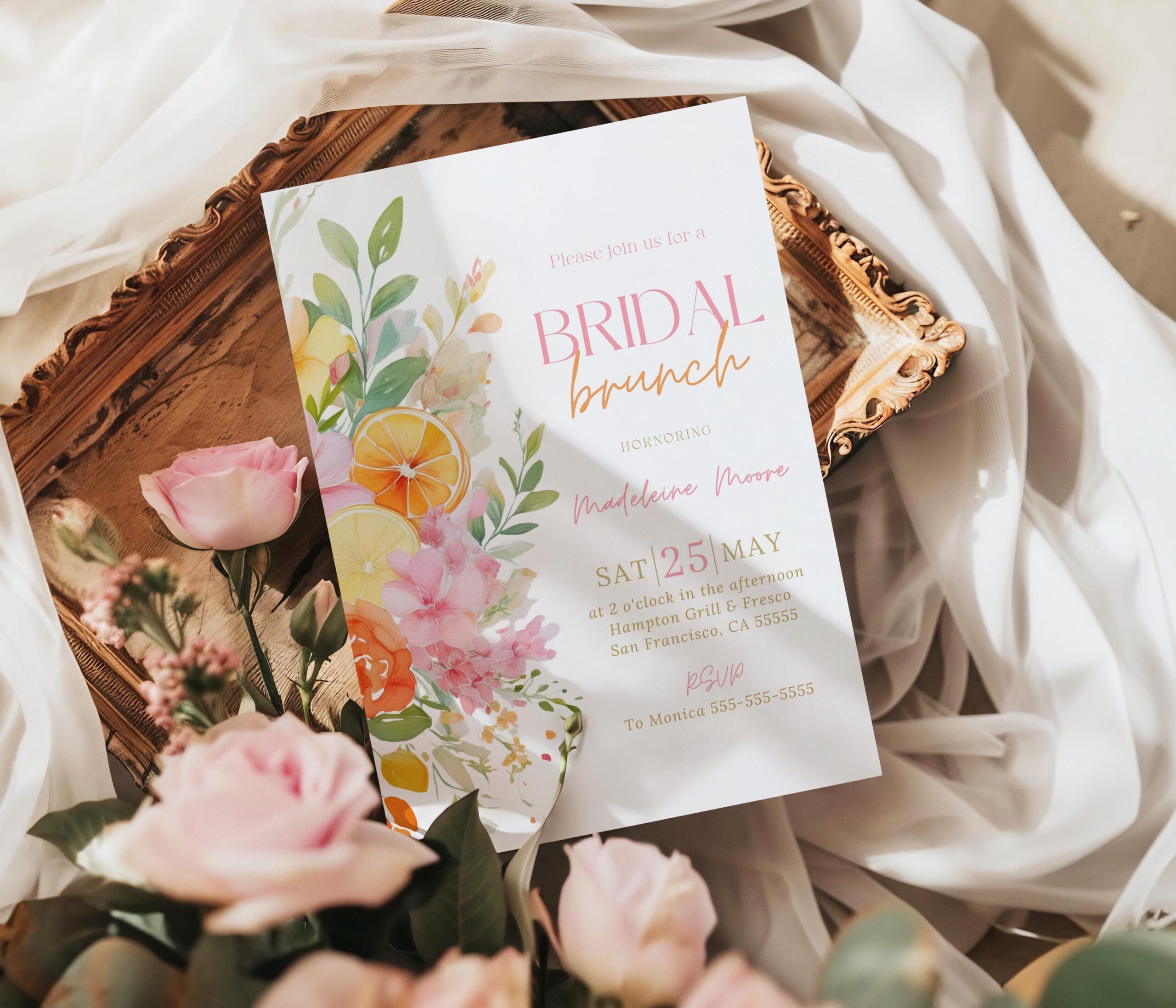 Editable Citrus Bridal Shower Invitation Bridal Brunch Invite Lemon Orange Floral Wedding Shower Mediterranean Theme Template FC2