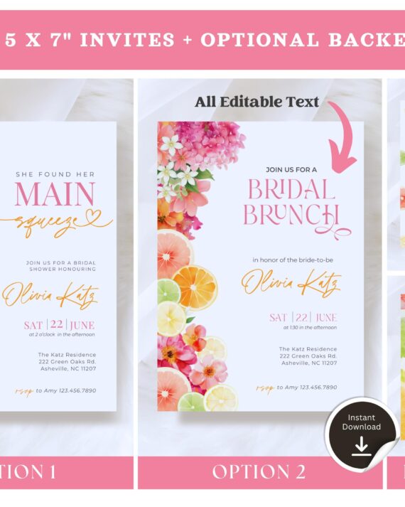 Citrus Bridal Shower Invitation Bundle, Main Squeeze Bridal Shower Bundle, Lemon Bridal Shower, Bridal Brunch Invite (Editable CANVA)