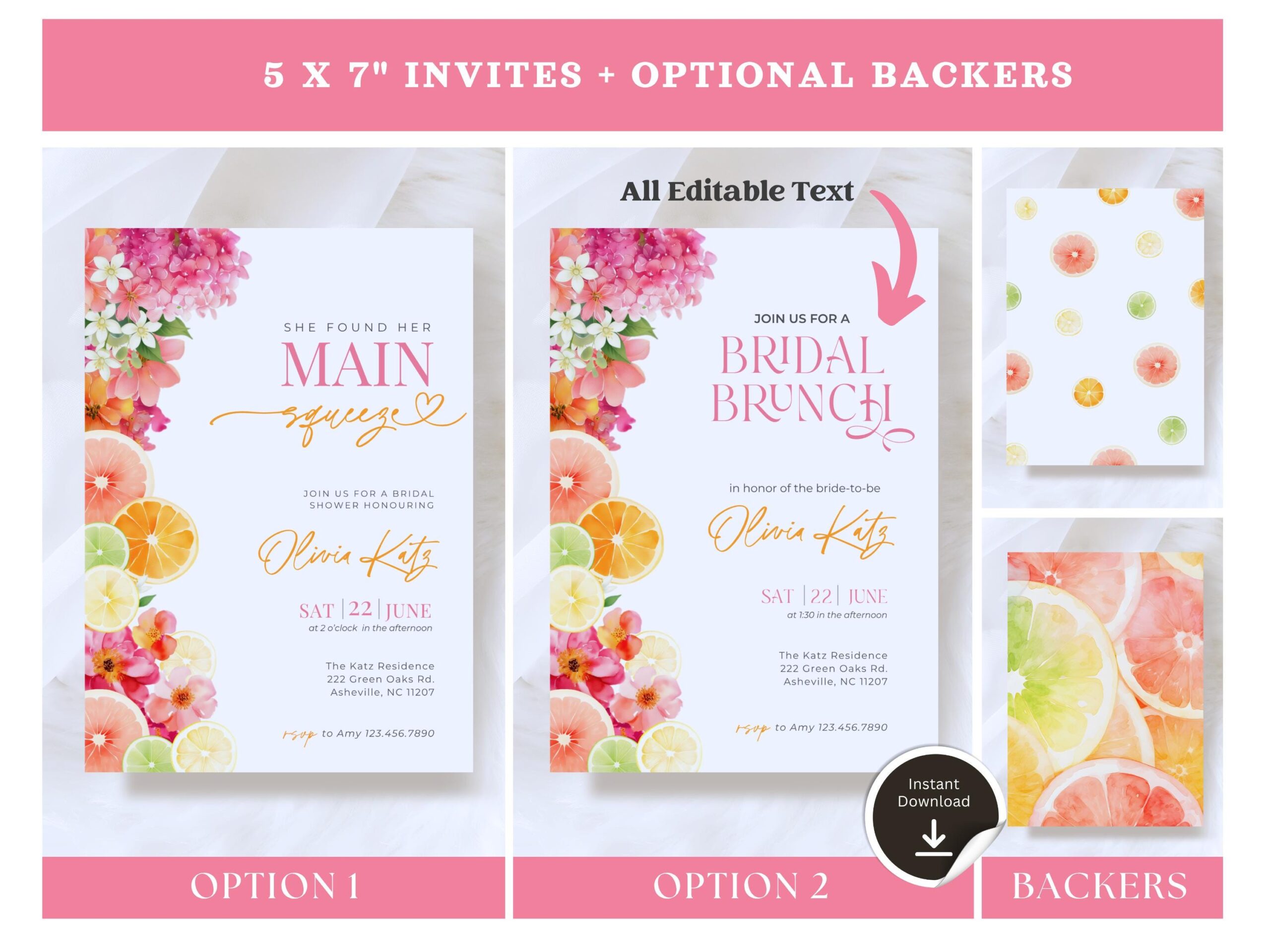 Citrus Bridal Shower Invitation Bundle, Main Squeeze Bridal Shower Bundle, Lemon Bridal Shower, Bridal Brunch Invite (Editable CANVA)