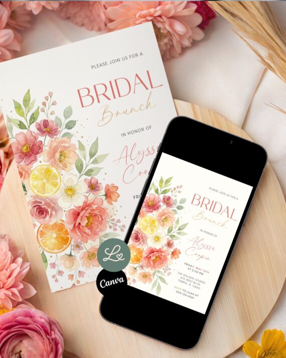 Bridal Brunch Citrus Bridal Shower Invitation Floral Bridal Frutal Brunch Summer Minimalist Invite Canva Editable Template Instant Download