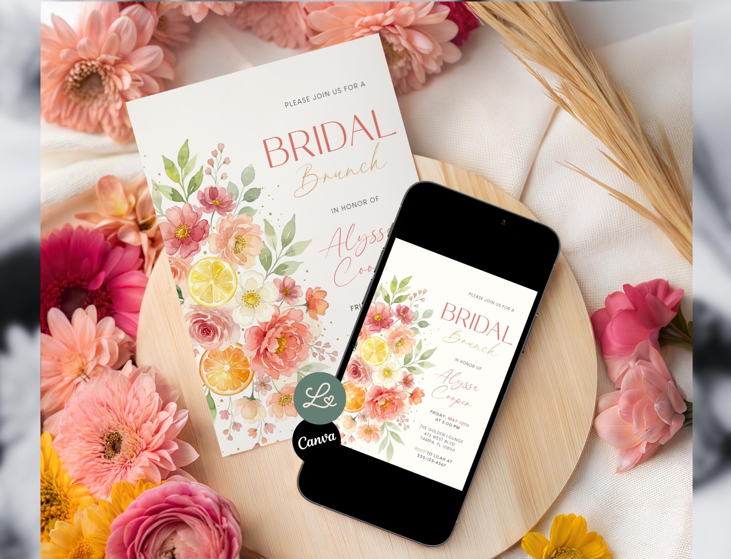 Bridal Brunch Citrus Bridal Shower Invitation Floral Bridal Frutal Brunch Summer Minimalist Invite Canva Editable Template Instant Download