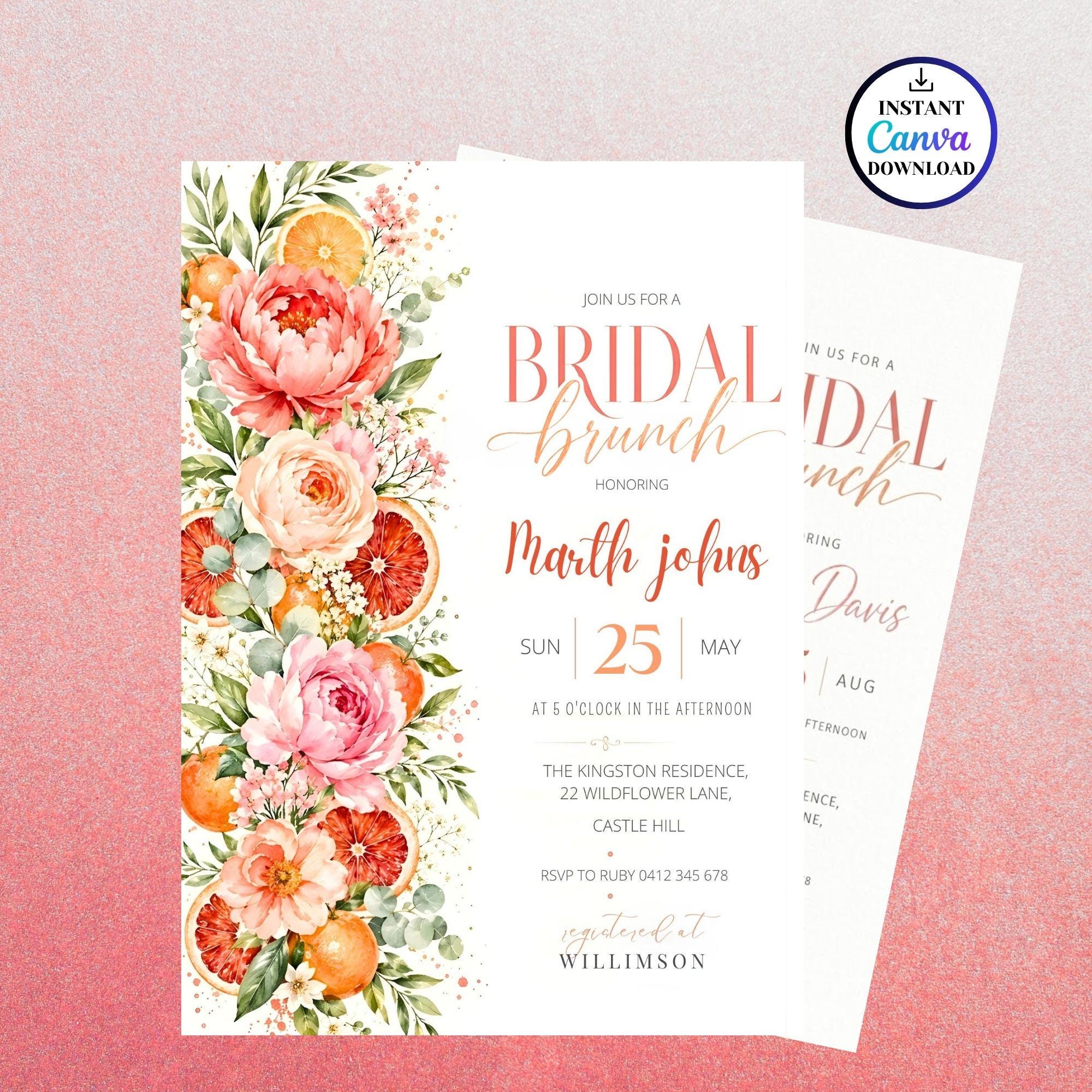 Citrus Bridal Brunch Invitation,Orange Bridal Shower Invite Bright Floral Citrus Bridal Brunch Invite,Mediterranean Theme Pink Orange