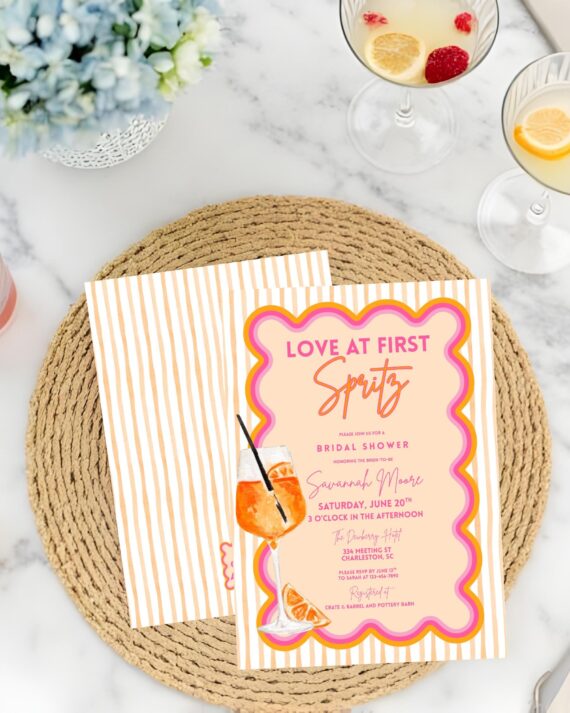 Love at First Spritz Bridal Shower Invitation Template | Summer Bridal Brunch Invite | Citrus Luncheon