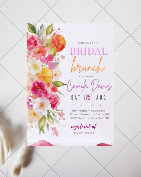 Pink Floral Citrus Bridal Brunch Invitation Template (Editable)