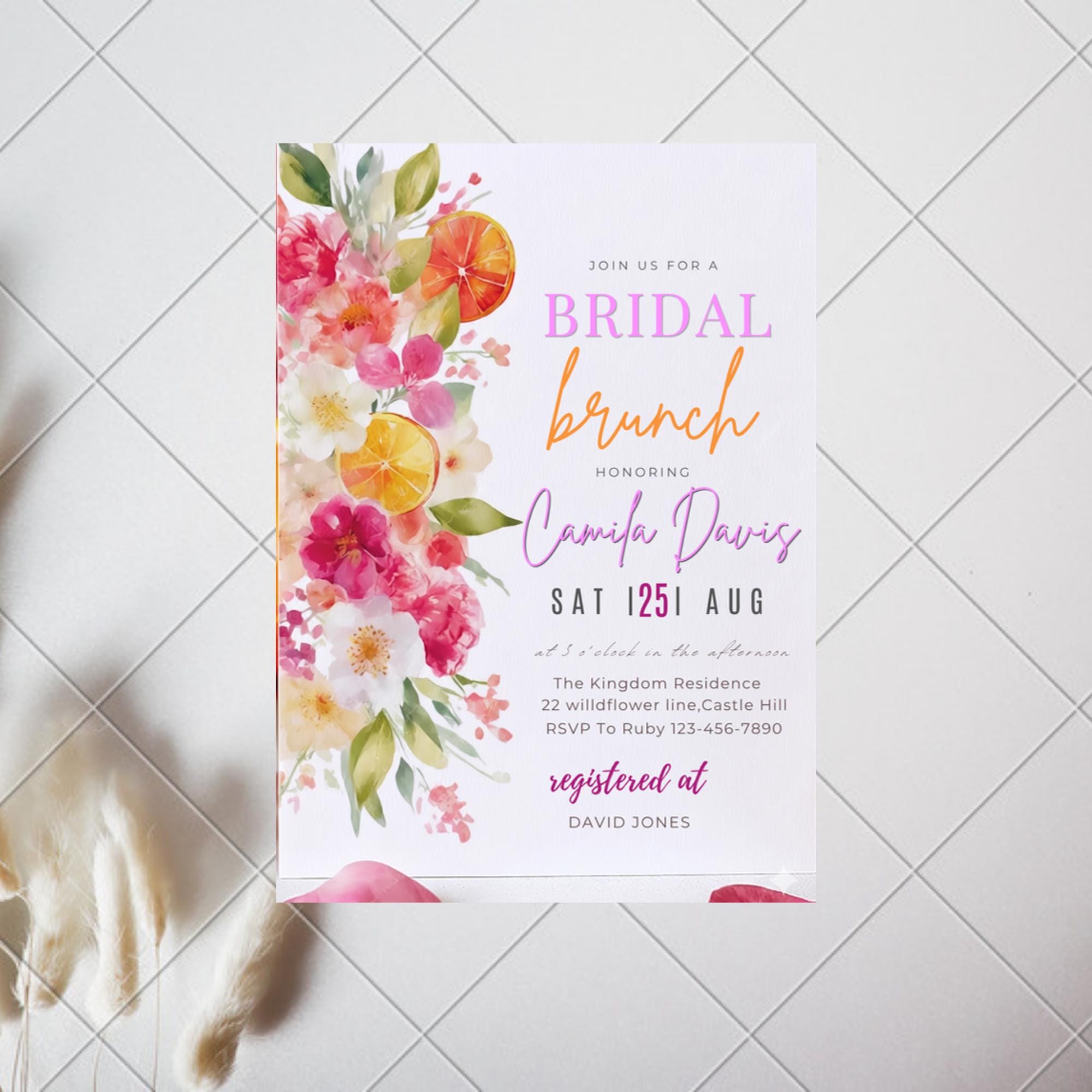 Pink Floral Citrus Bridal Brunch Invitation Template (Editable)