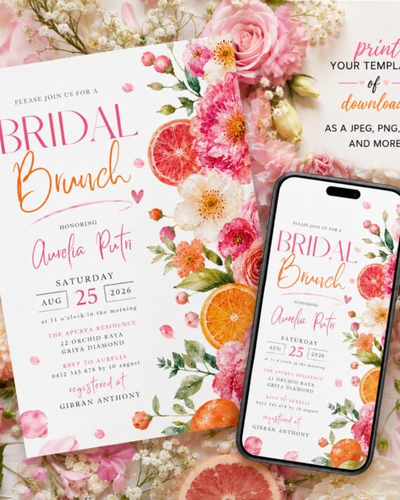 Bridal Brunch Invitation Citrus Floral Invitation Pink Watercolor Canva Template