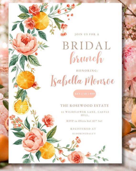 Citrus Bridal Brunch Invitation Template, Editable Canva Bridal Shower Invite, Pink Orange Floral Bridal Brunch, Wedding Invitation