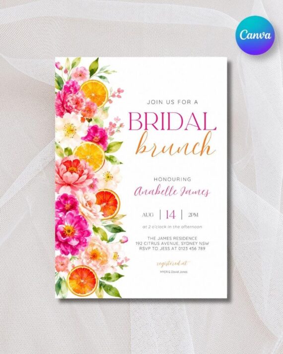 Citrus Bridal Brunch Invitation, Pink Orange Floral Mediterranean Shower (Digital Download)