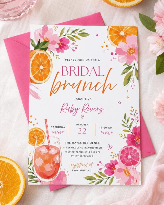 Editable Citrus Spritz Bridal Brunch Birthday Invitation, Digital Download - Canva Template