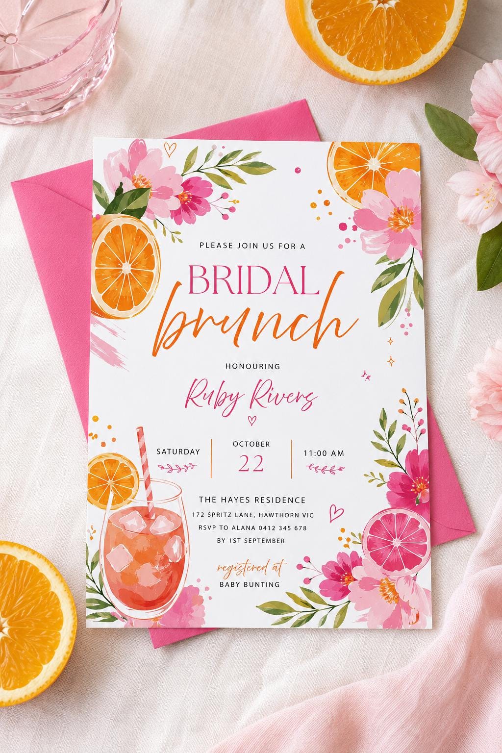 Editable Citrus Spritz Bridal Brunch Birthday Invitation, Digital Download - Canva Template