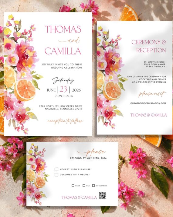 Citrus Wedding Invitation Suite, Orange Wedding Bundle, Pink Floral Lemon Theme, Editable Canva Template CB1