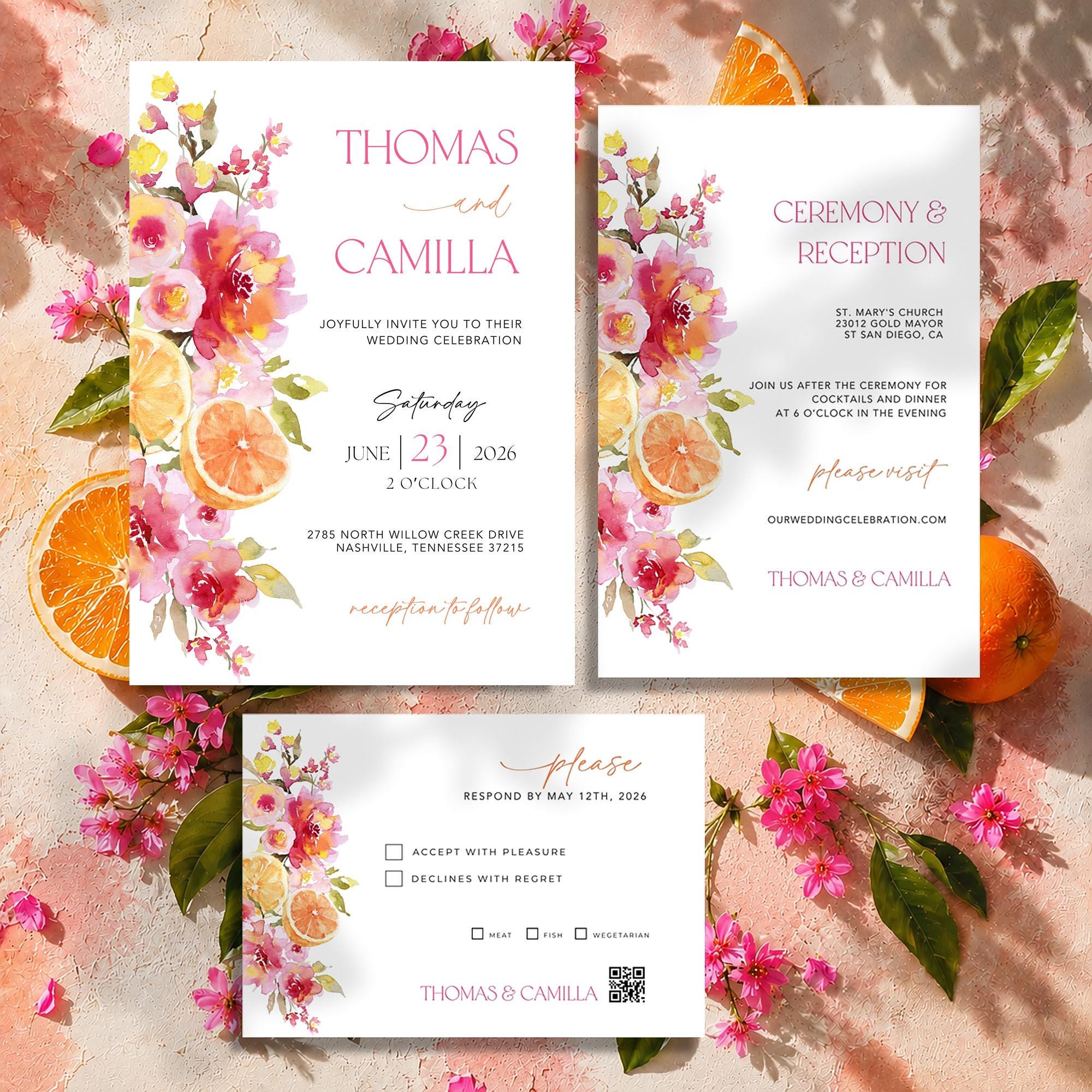 Citrus Wedding Invitation Suite, Orange Wedding Bundle, Pink Floral Lemon Theme, Editable Canva Template CB1