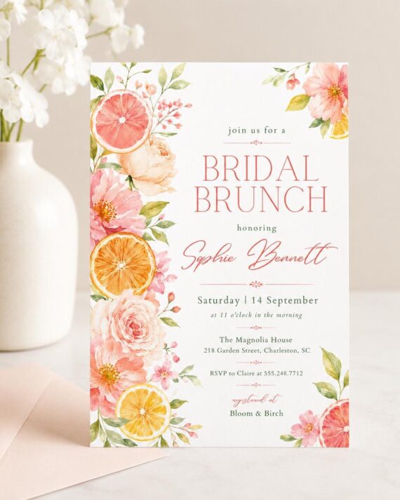 Citrus Bridal Brunch Invitation Template, Pink Orange Floral Bridal Shower Brunch Invite, Editable Printable Invite
