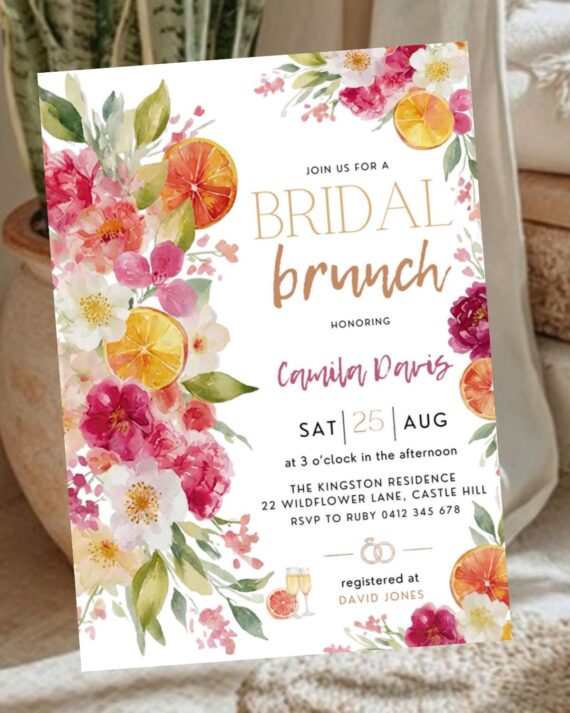 Citrus Bridal Brunch Invitation Template, Orange Bridal Shower Invite, Mediterranean Pink Orange Canva Invitation