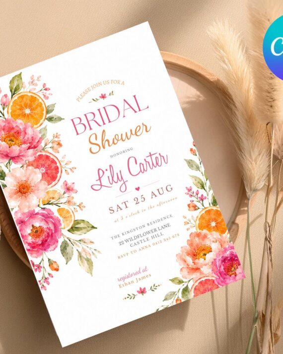 Citrus Bridal Brunch Invitation, Orange Bridal Shower, Bright Floral Citrus Bridal Shower Invitation, Mediterranean Theme Pink Orange Brunch