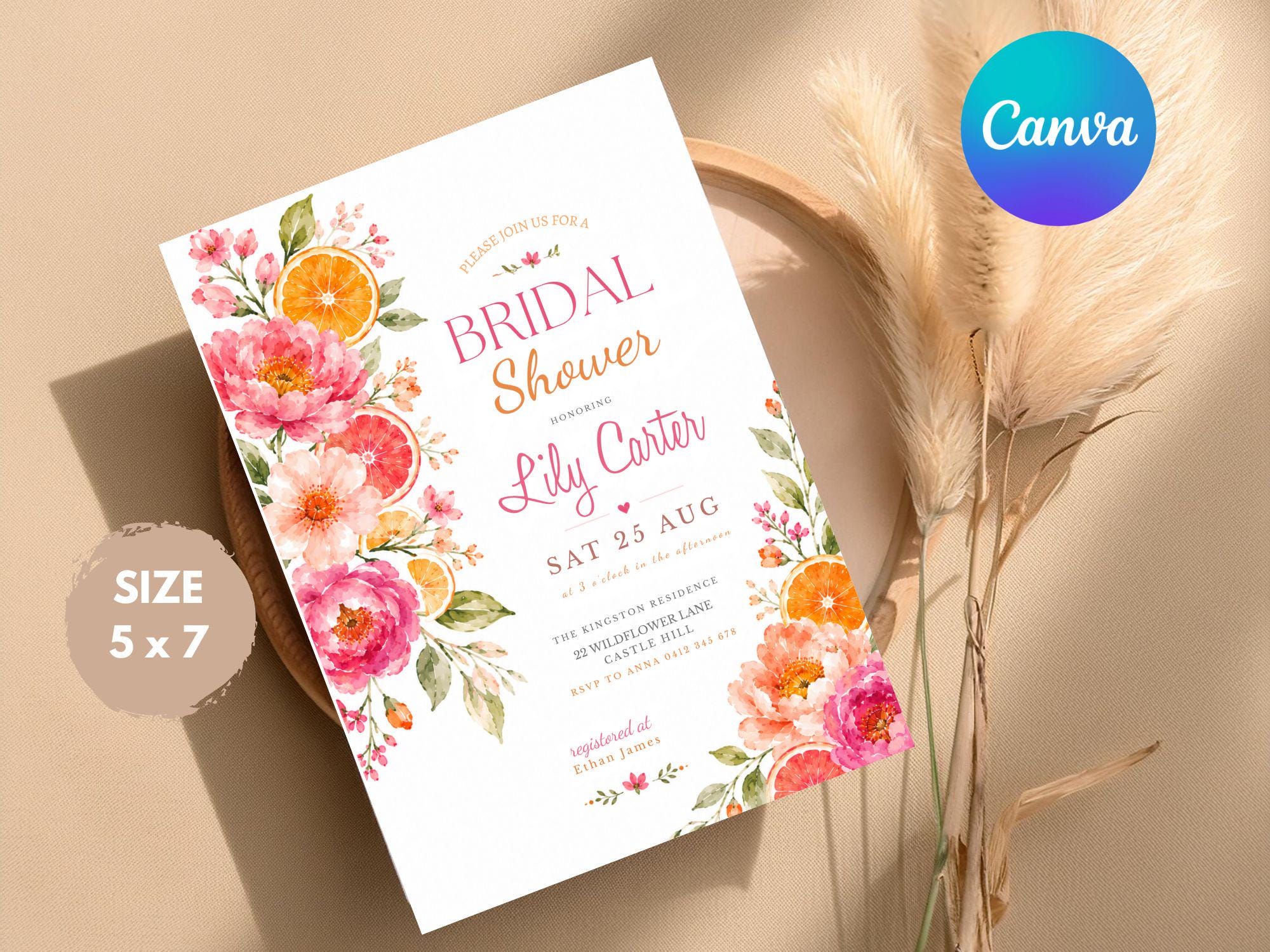 Citrus Bridal Brunch Invitation, Orange Bridal Shower, Bright Floral Citrus Bridal Shower Invitation, Mediterranean Theme Pink Orange Brunch