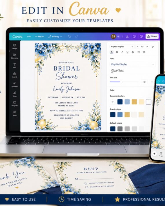 Blue Citrus Bridal Shower Bundle, Lemon Wedding Invite Template, Canva Editable Design, Wedding Brunch Card, Instant Download