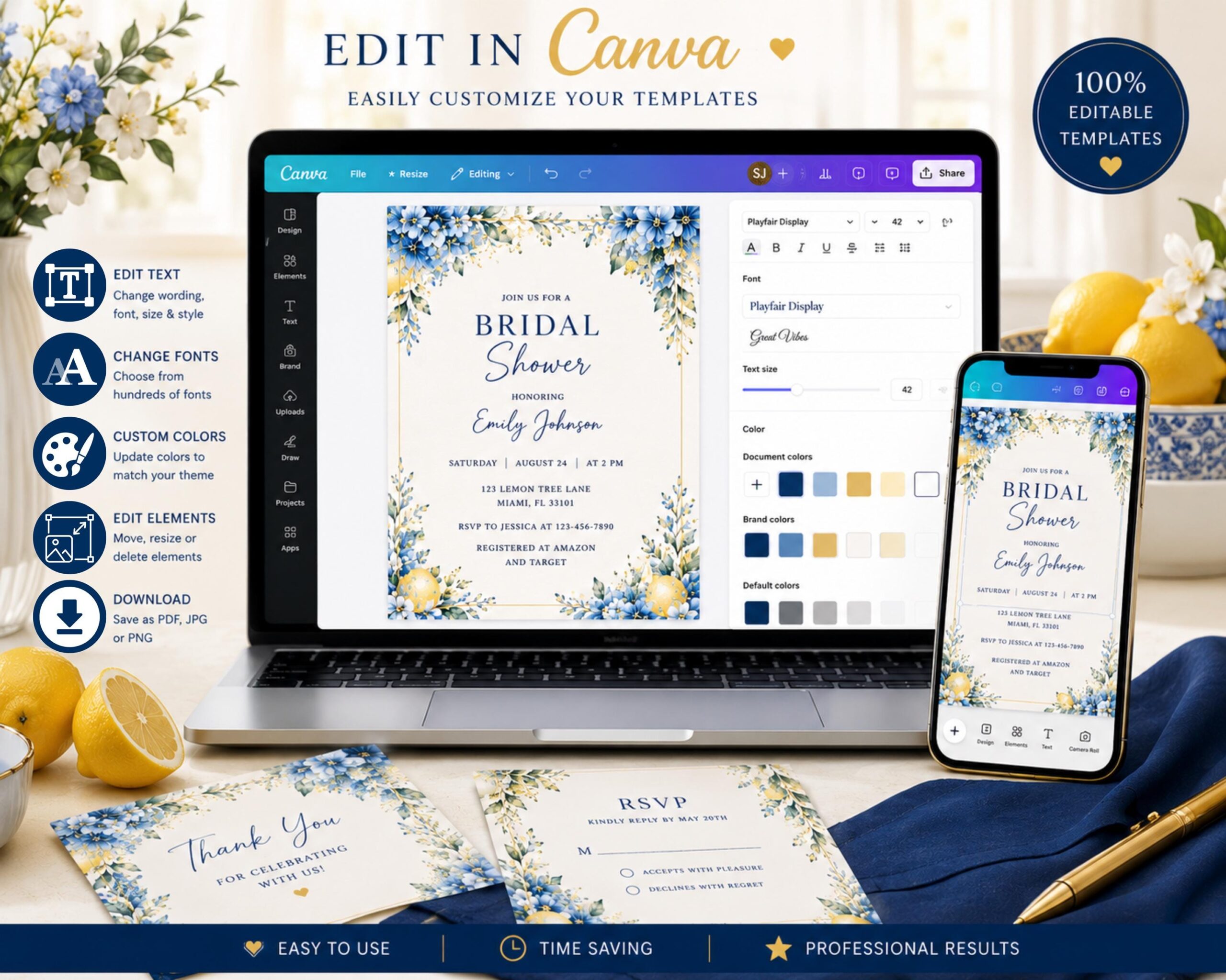 Blue Citrus Bridal Shower Bundle, Lemon Wedding Invite Template, Canva Editable Design, Wedding Brunch Card, Instant Download