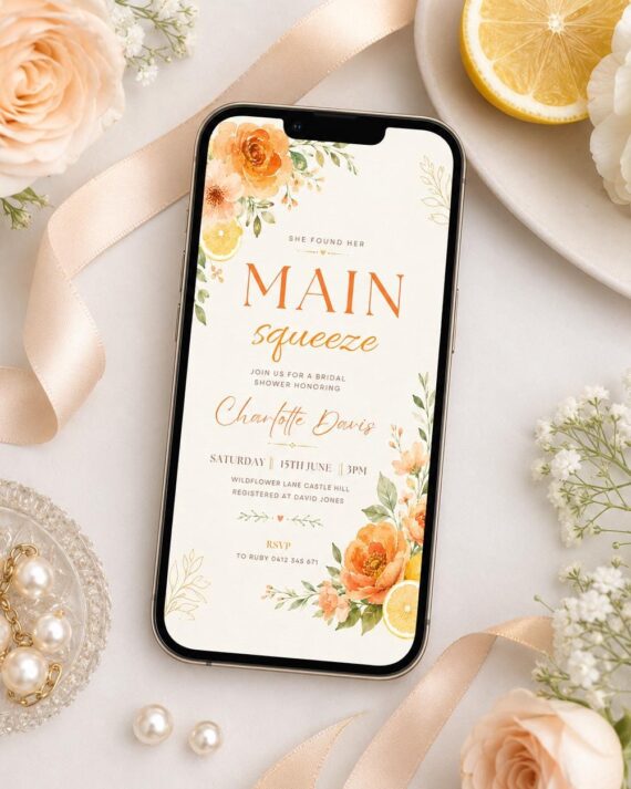 Main Squeeze Bridal Shower Invitation, Orange Floral Bridal Shower Invite, Citrus Garden Wedding Shower, Elegant Summer Bridal Brunch