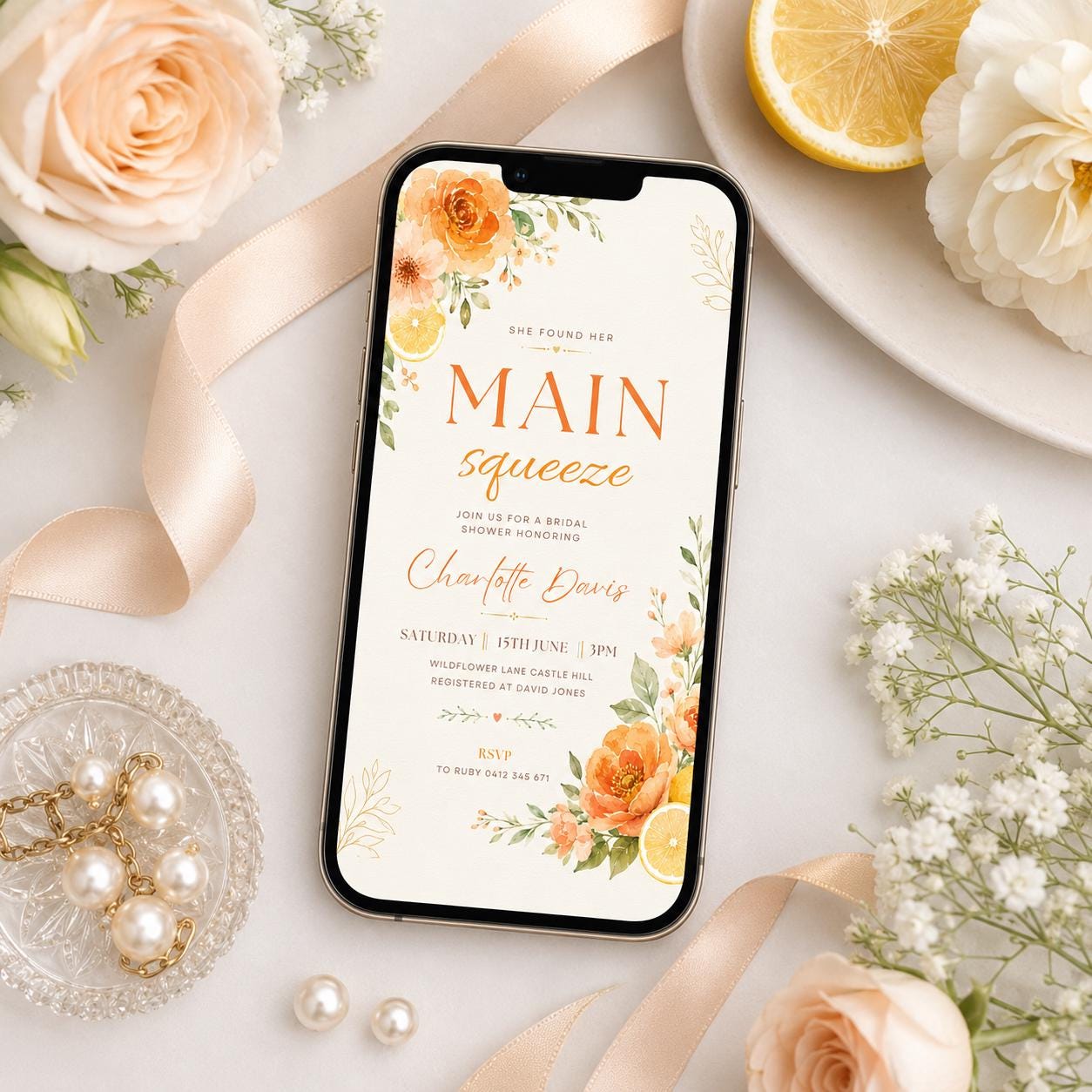 Main Squeeze Bridal Shower Invitation, Orange Floral Bridal Shower Invite, Citrus Garden Wedding Shower, Elegant Summer Bridal Brunch