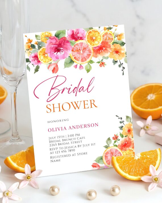 Oranges Citrus Pink Bright Floral Bridal Shower Brunch Invitation Corjl Downloadable Editable Printable template JPG, PDF + order Print POD