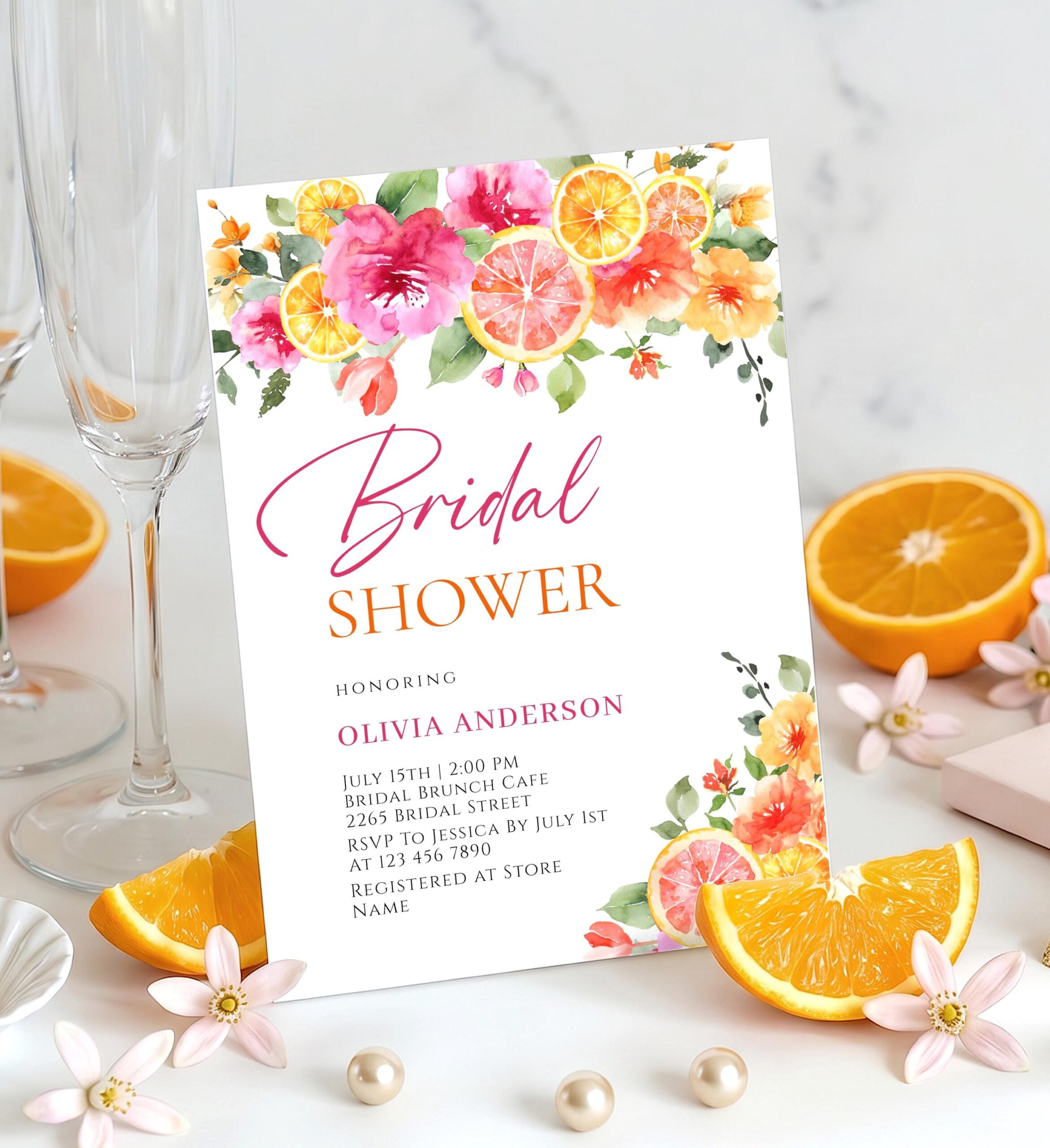 Oranges Citrus Pink Bright Floral Bridal Shower Brunch Invitation Corjl Downloadable Editable Printable template JPG, PDF + order Print POD