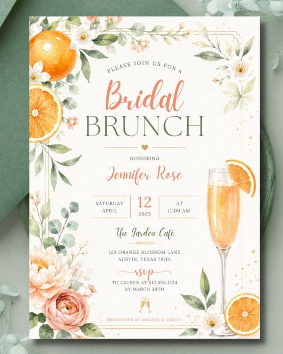 Citrus Bridal Brunch Invitation Template, Orange Greenery Garden Party Invite (Digital Download)