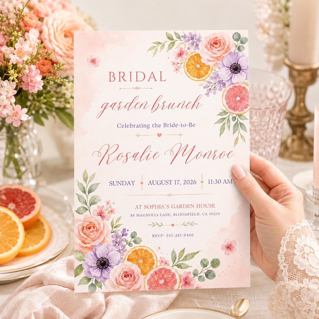 Bridal Garden Brunch Invitation, Citrus Floral Bride-to-Be Invite (Canva Template)