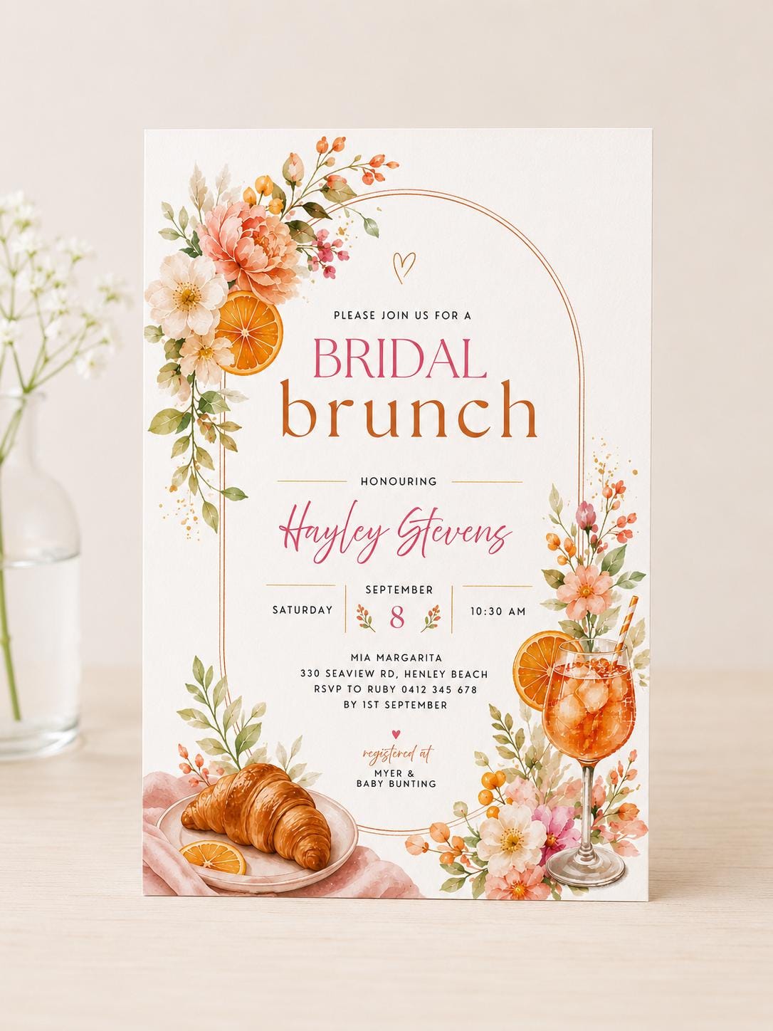Editable Citrus Arch Bridal Brunch Birthday Invitation, Digital Download - Canva Template