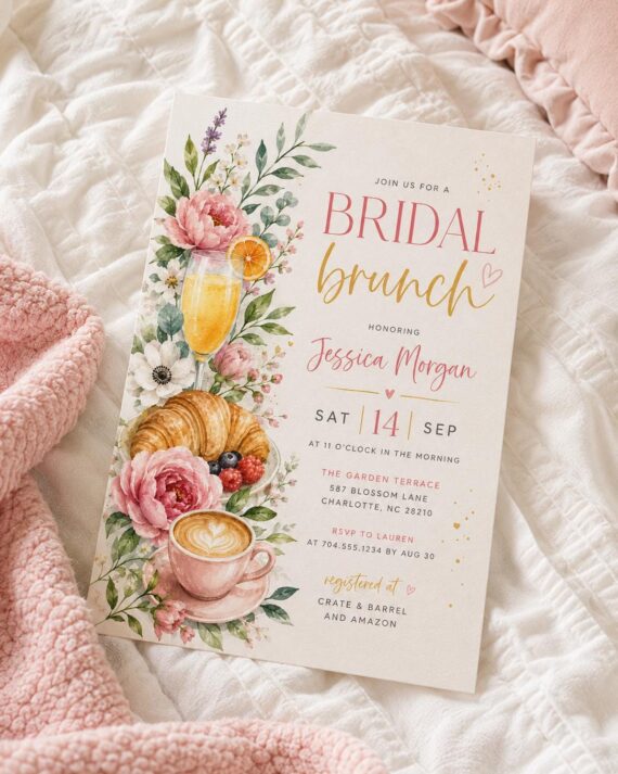 Citrus Bridal Brunch Invitation, Orange Bridal Shower, Bright Floral Citrus Bridal Shower Invitation, Mediterranean Theme Pink Orange Brunch