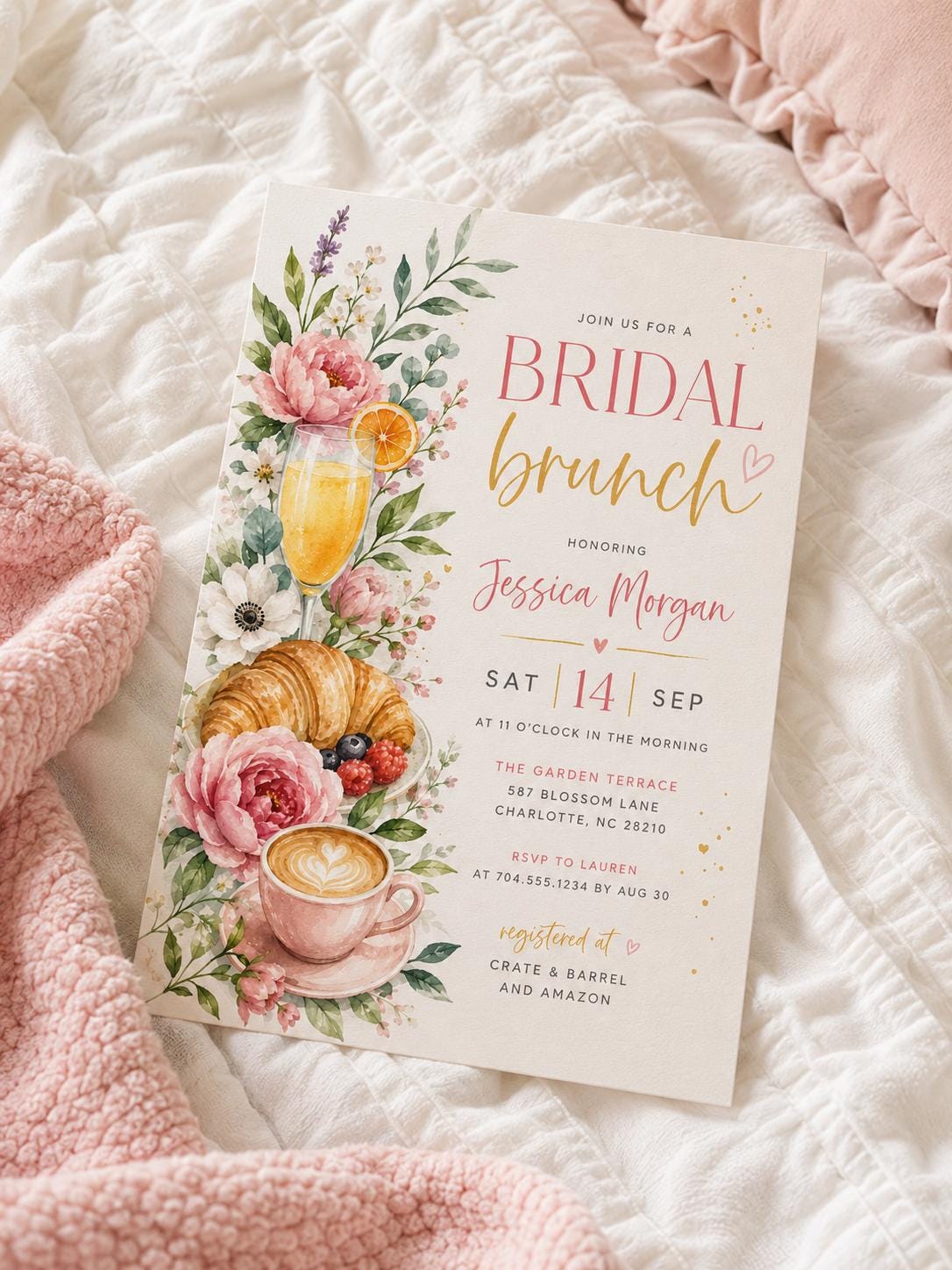 Citrus Bridal Brunch Invitation, Orange Bridal Shower, Bright Floral Citrus Bridal Shower Invitation, Mediterranean Theme Pink Orange Brunch