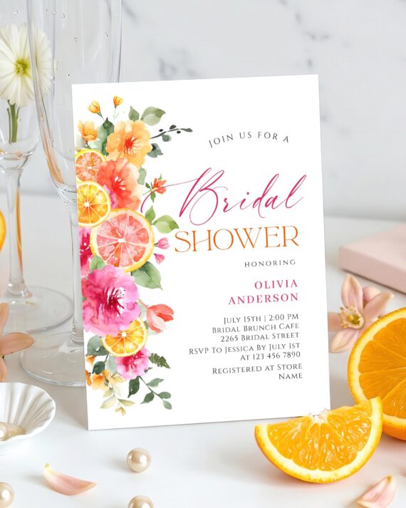 Orange Citrus Pink Bright Floral Bridal Shower Brunch Invitation Corjl Downloadable Editable Printable template JPG, PDF + order Print POD