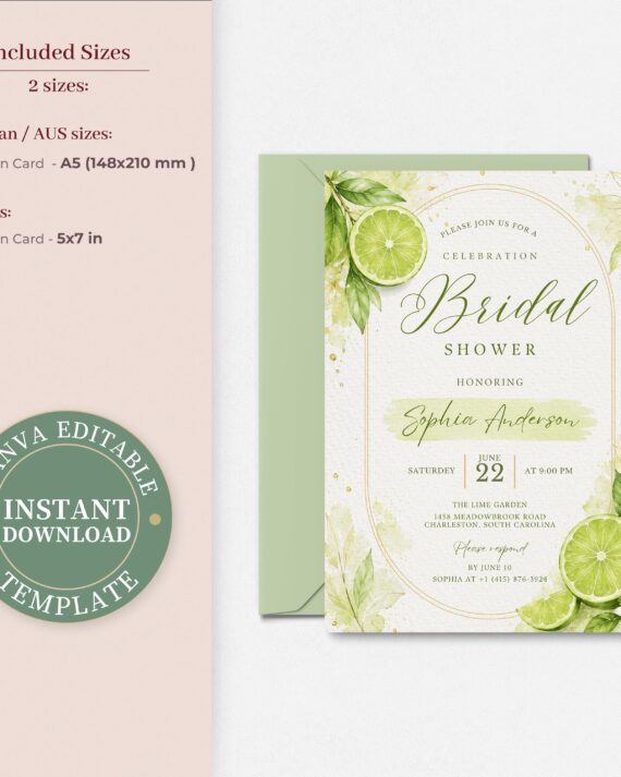 Lime Bridal Shower Invitation Template, Citrus Celebration Invite, Editable Canva, Green Botanical Party, Printable Lemon Decor