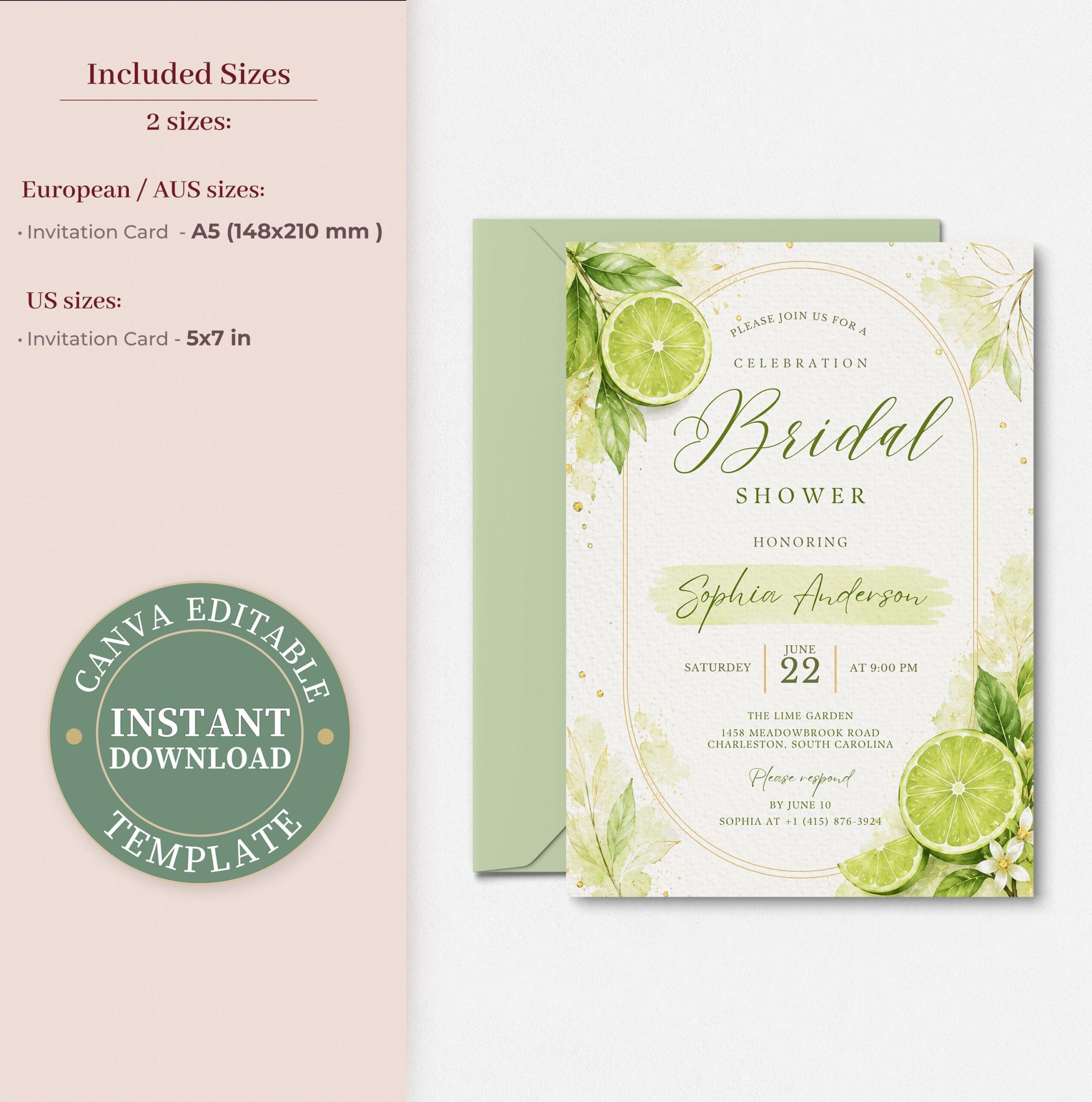 Lime Bridal Shower Invitation Template, Citrus Celebration Invite, Editable Canva, Green Botanical Party, Printable Lemon Decor
