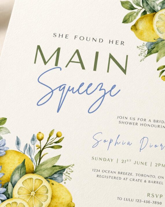 Main Squeeze Bridal Shower Invitation Template | Lemon Bridal | Citrus Bridal Shower | Editable Canva Template | Printable 5x7 Invitation